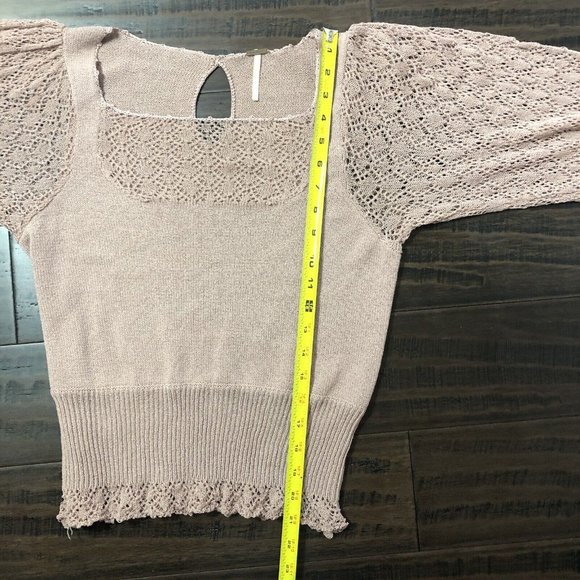 Free People Crochet Sleeve Sweater S Small Pink Mauve Open Knit Fitted Preppy - Picture 7 of 10